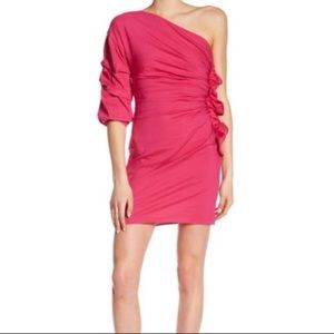 New Hot Pink Socialite One shoulder Ruffled Mini Dress Large Party Puff Sleeve